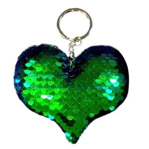 W Puffed Heart Reversible Sequins Keychain Changes From Blue To Green